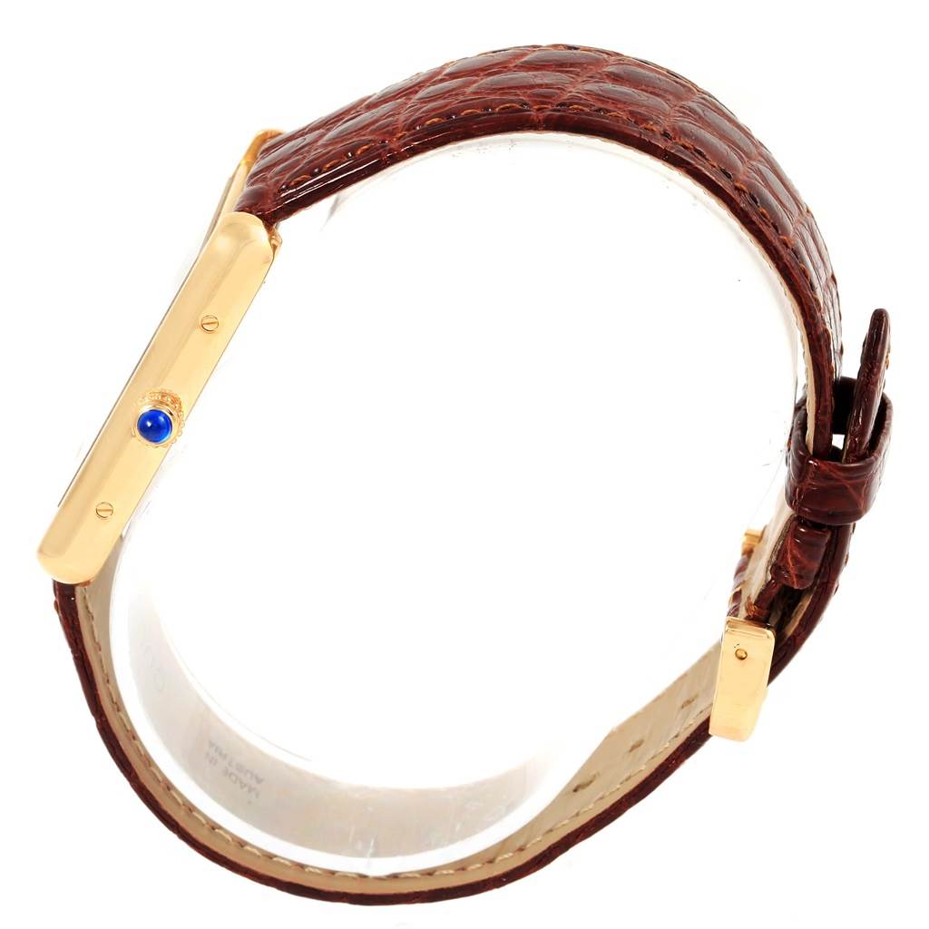 The image shows a side view of the Cartier Tank Solo W1018855 Steel and Gold (two tone) Silver Dial W1018855 Steel and Gold (two tone) Silver Dial watch, highlighting its case and brown leather strap.