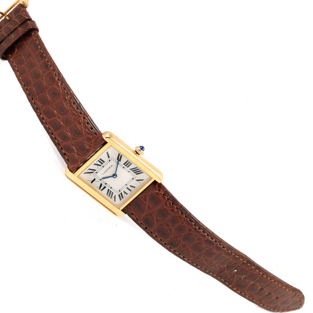 The image shows a Cartier Tank Solo W1018855 Steel and Gold (two tone) Silver Dial W1018855 Steel and Gold (two tone) Silver Dial watch angled slightly, displaying the face, case, and brown leather strap.