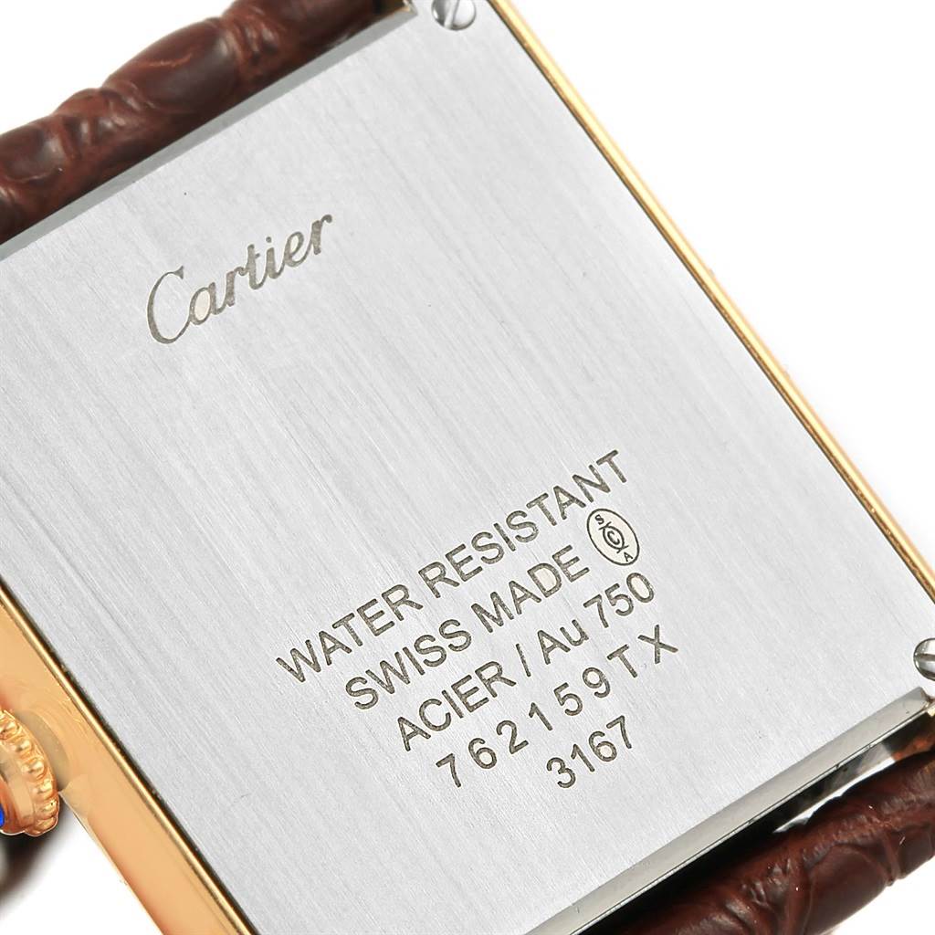 The image shows the back casing of the Cartier Tank Solo W1018855 Steel and Gold (two tone) Silver Dial W1018855 Steel and Gold (two tone) Silver Dial watch, highlighting the water resistance and material specifications.