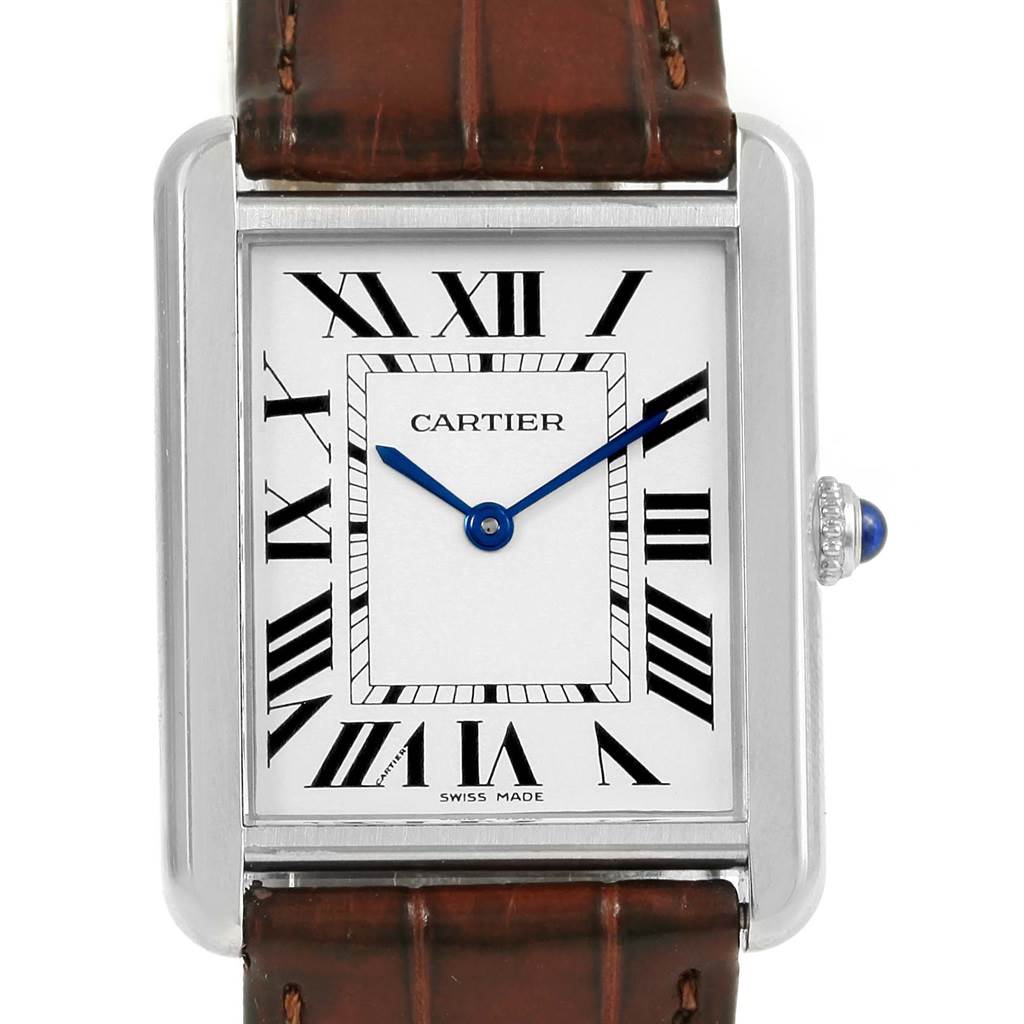 This image shows a front view of the Cartier Tank Solo W1018355 Stainless Steel Silver Dial W1018355 Stainless Steel Silver Dial watch, including the face, casing, and a portion of the leather strap.