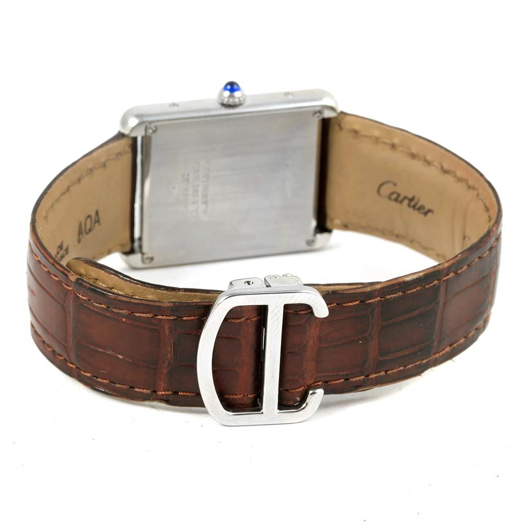 This image shows the back and strap of a Cartier Tank Solo W1018355 Stainless Steel Silver Dial W1018355 Stainless Steel Silver Dial watch, including the buckle and stitching details.