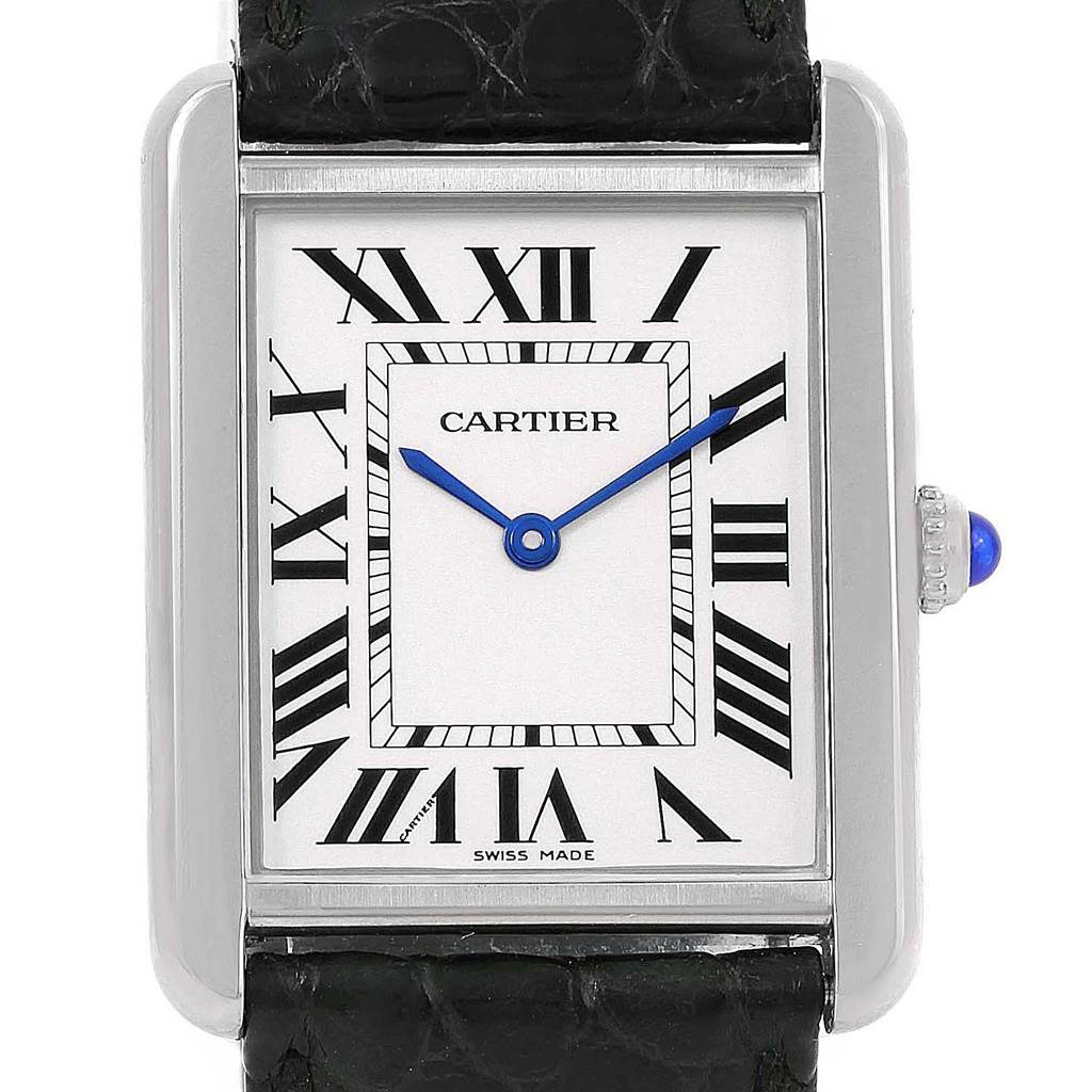 The image shows a front view of the Cartier Tank Solo W1018355 Stainless Steel Silver Dial W1018355 Stainless Steel Silver Dial watch displaying its face, bezel, and strap.