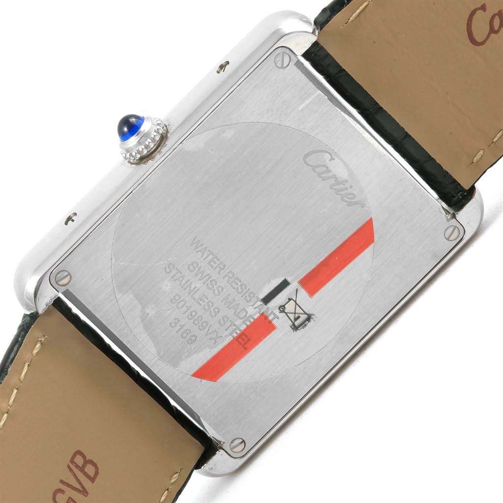 The image shows the back case and straps of the Cartier Tank Solo W1018355 Stainless Steel Silver Dial W1018355 Stainless Steel Silver Dial watch.