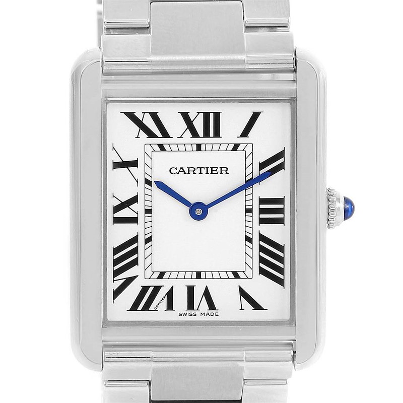 The image shows a frontal view of the Cartier Tank Solo watch featuring its rectangular case, Roman numeral dial, and blue hands.