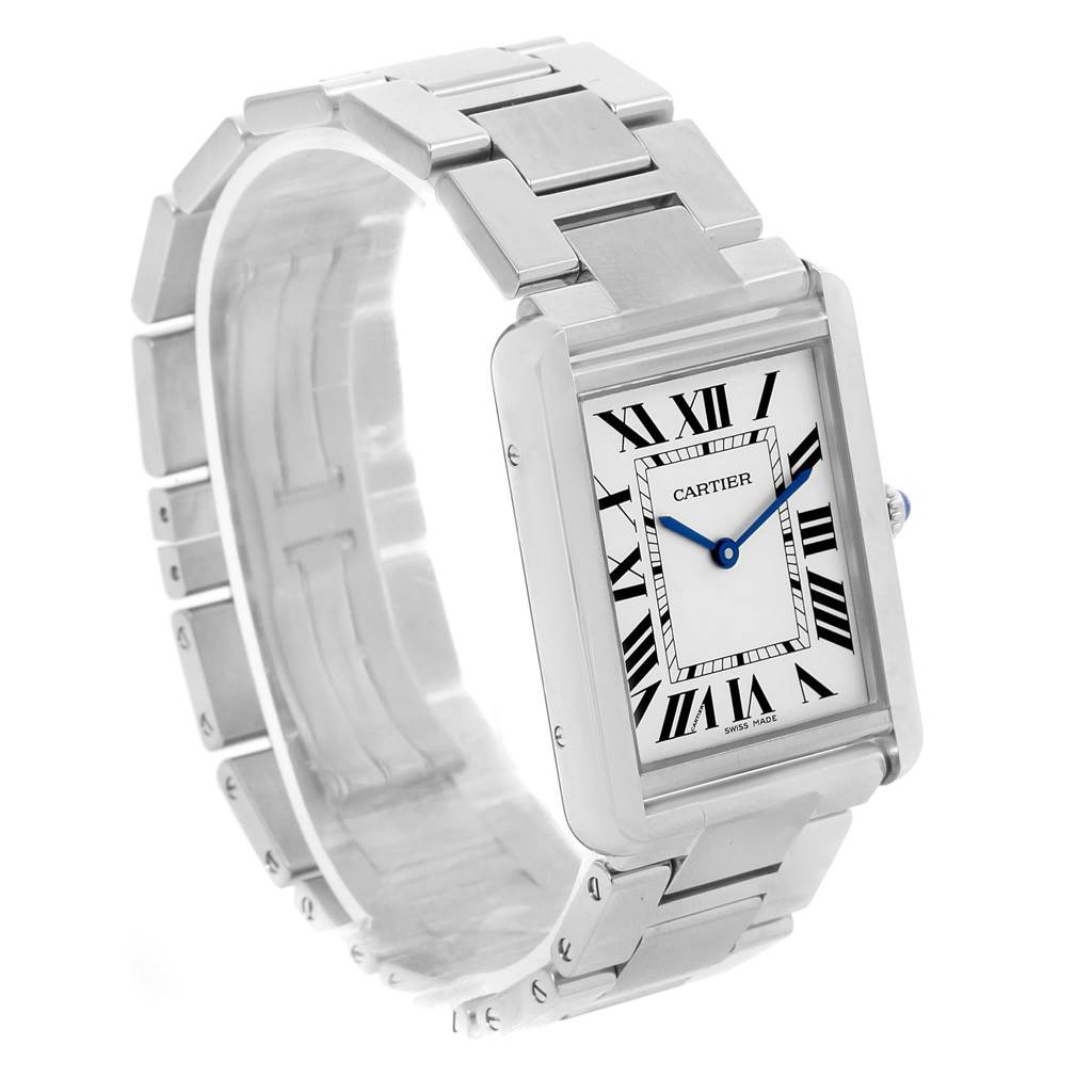 The Cartier Tank Solo W5200014 Stainless Steel Silver Dial W5200014 Stainless Steel Silver Dial watch is shown at a three-quarter angle, displaying its rectangular face, Roman numeral markers, and metal bracelet.