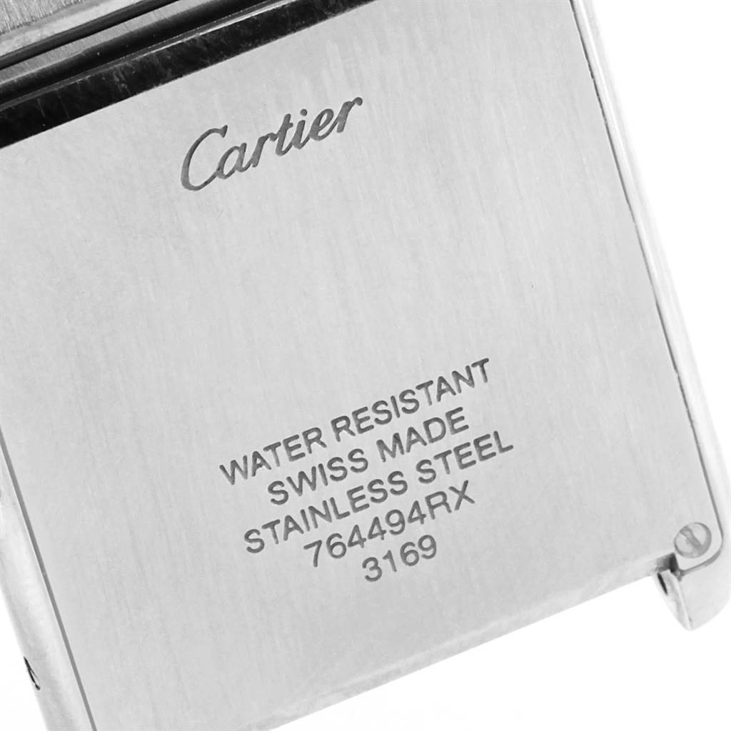 This image shows the back of the Tank Solo model watch by Cartier, highlighting the brand and specifications.