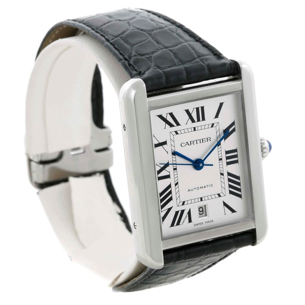The image shows a Cartier Tank Solo W5200027 Men
s Stainless Steel Silver Dial W5200027 Men
s Stainless Steel Silver Dial watch at a slight angle, highlighting the dial, case, strap, and crown.