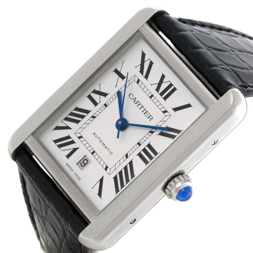 The image shows a tilted view of the front of a Cartier Tank Solo W5200027 Men
s Stainless Steel Silver Dial W5200027 Men
s Stainless Steel Silver Dial watch, highlighting its face, hands, crown, and black strap.