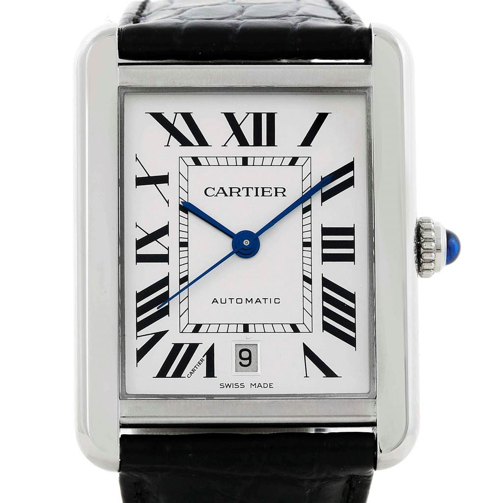 The image shows a front view of a Cartier Tank Solo W5200027 Men
s Stainless Steel Silver Dial W5200027 Men
s Stainless Steel Silver Dial watch, displaying its face, Roman numerals, blue hands, and date window.