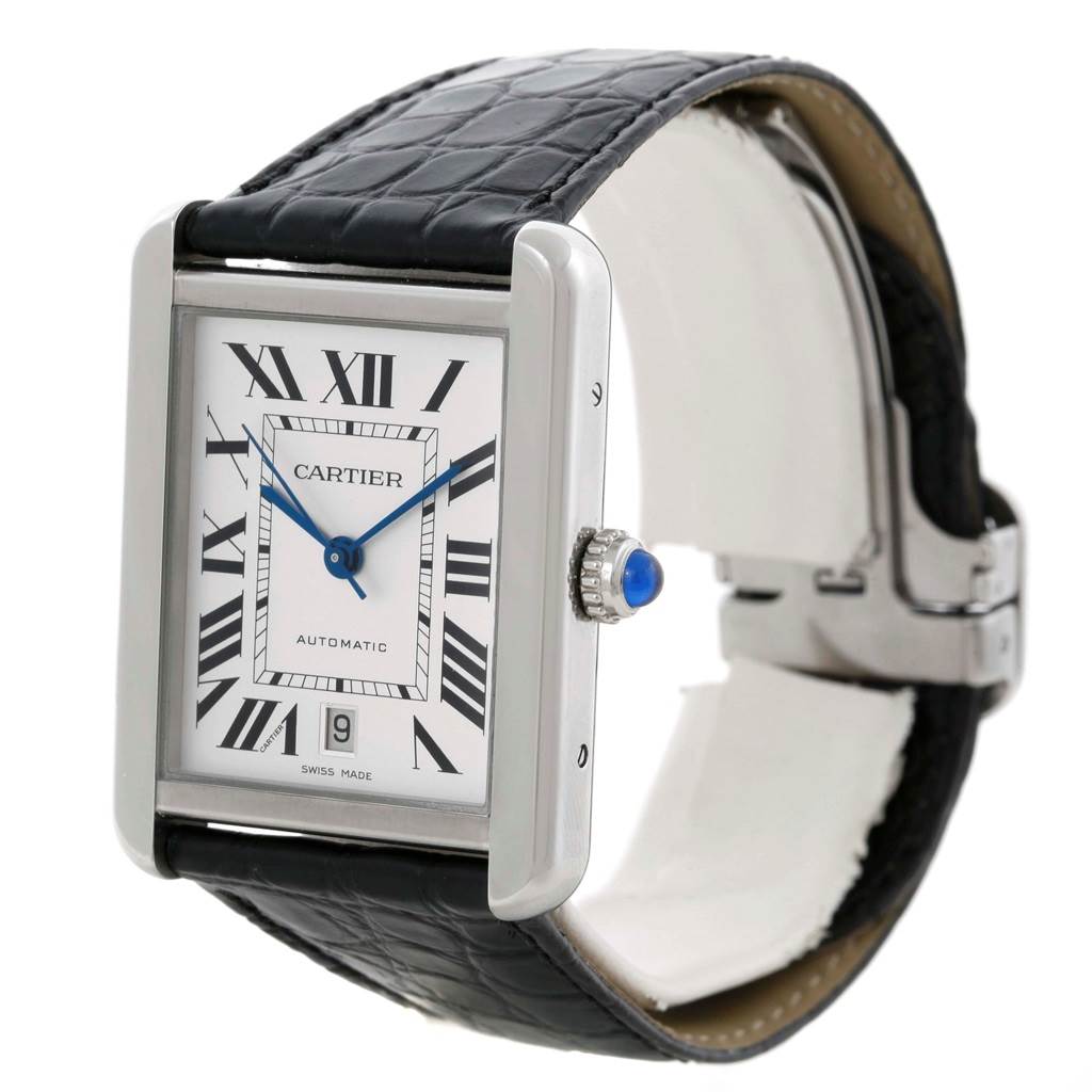 The Cartier Tank Solo W5200027 Men
s Stainless Steel Silver Dial W5200027 Men
s Stainless Steel Silver Dial watch is displayed at an angle showing the face, crown, and part of the black leather strap.