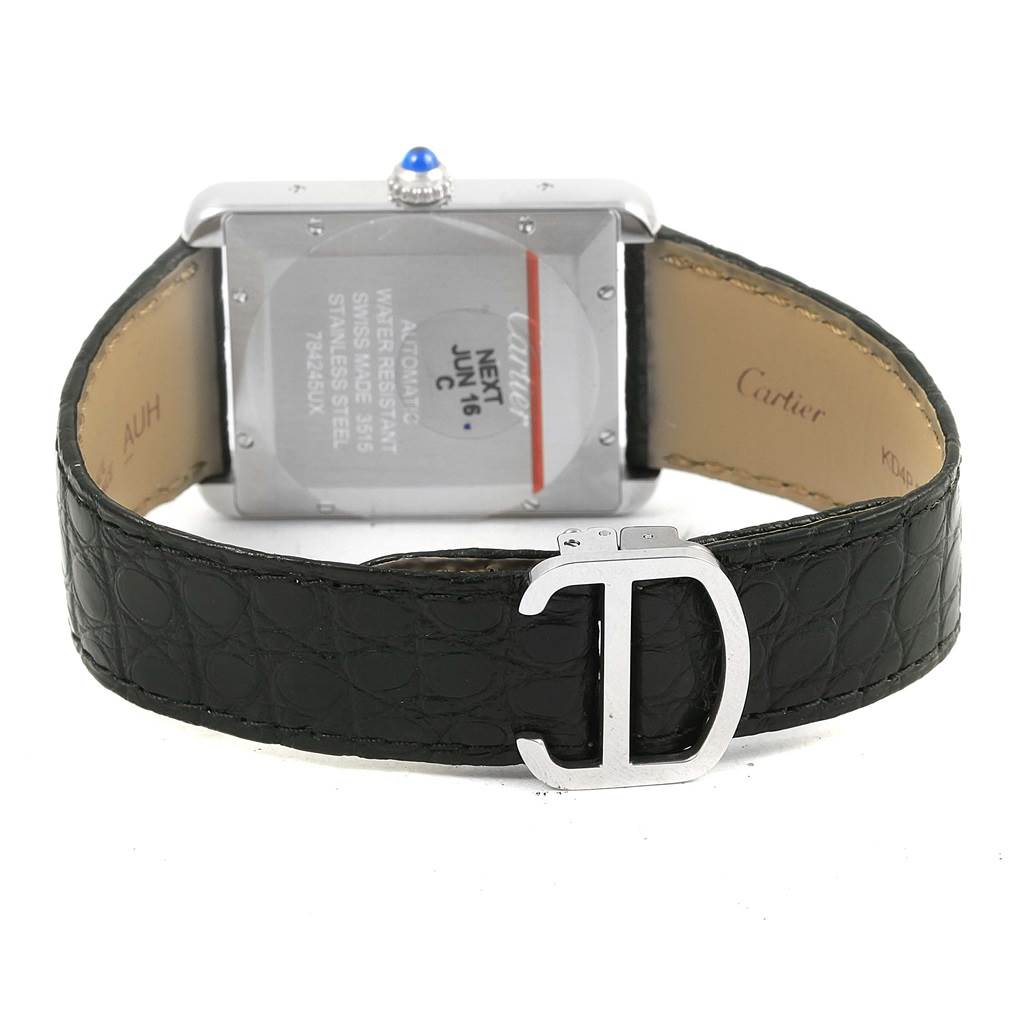 This image shows the back view of a Cartier Tank Solo W5200027 Men
s Stainless Steel Silver Dial W5200027 Men
s Stainless Steel Silver Dial watch, showcasing the case, crown, and leather strap with the buckle.