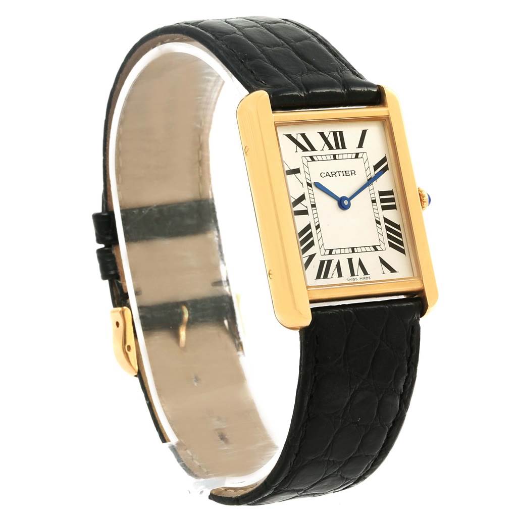 The image shows a Cartier Tank Solo W1018855 Steel and Gold (two tone) Silver Dial W1018855 Steel and Gold (two tone) Silver Dial watch from a front angle, highlighting the case, dial, and leather strap.