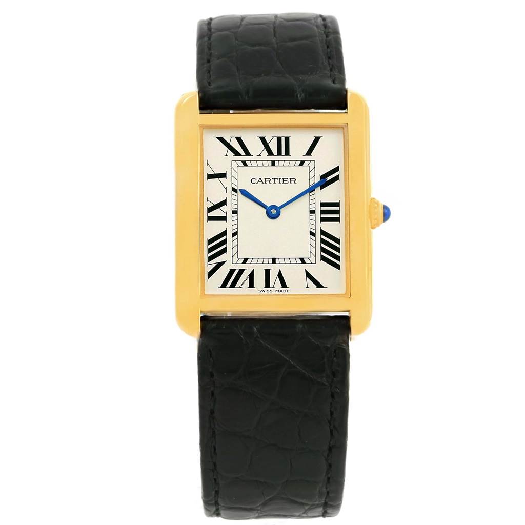 The image shows a front view of the Cartier Tank Solo W1018855 Steel and Gold (two tone) Silver Dial W1018855 Steel and Gold (two tone) Silver Dial watch, highlighting its face, case, and black leather strap.
