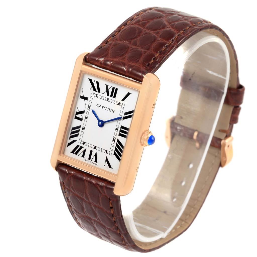 The Cartier Tank Solo W5200025 Steel and Gold (two tone) Silver Dial W5200025 Steel and Gold (two tone) Silver Dial watch is shown at an angled view, displaying the face, leather strap, and crown.