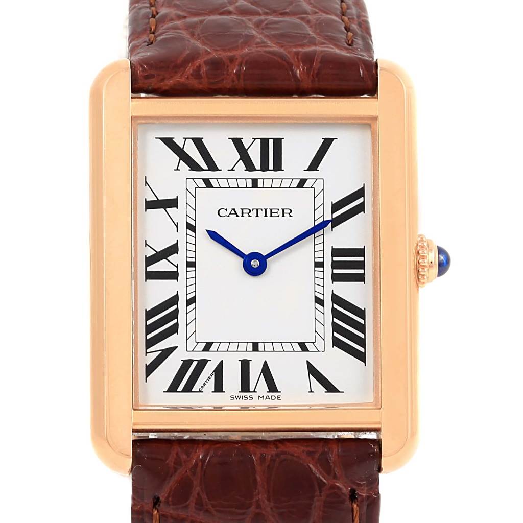 The image shows a frontal view of the Cartier Tank Solo W5200025 Steel and Gold (two tone) Silver Dial W5200025 Steel and Gold (two tone) Silver Dial watch with a brown leather strap and rectangular dial.