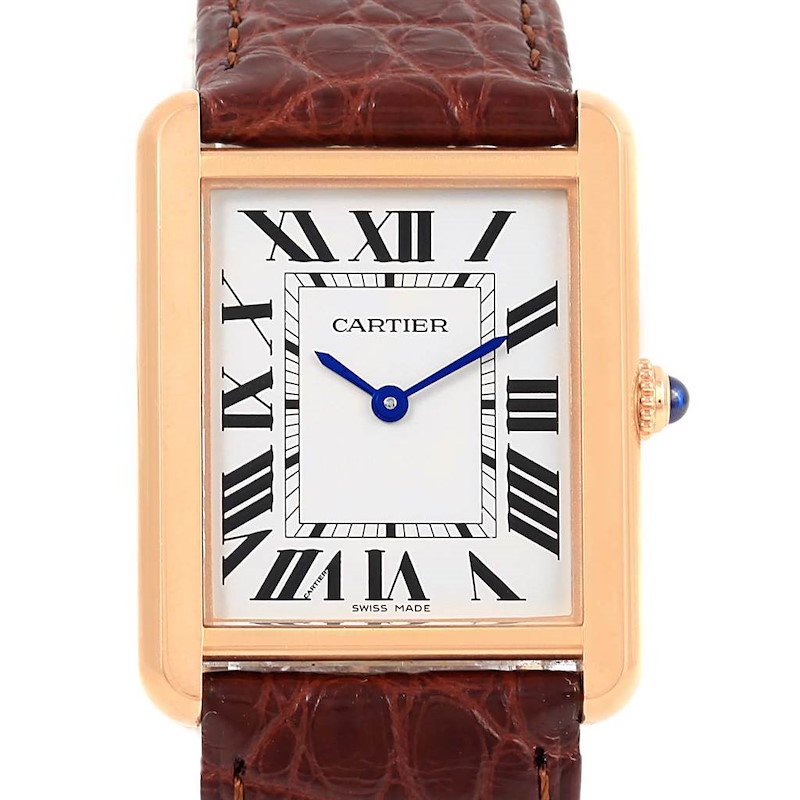 The image shows a frontal view of the Cartier Tank Solo watch with a brown leather strap and rectangular dial.