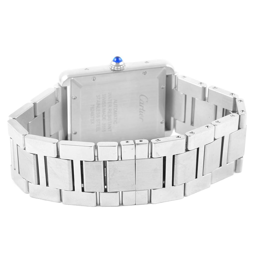 The image shows the back case and stainless steel bracelet of the Cartier Tank Solo W5200028 Men
s Stainless Steel Silver Dial W5200028 Men
s Stainless Steel Silver Dial watch.