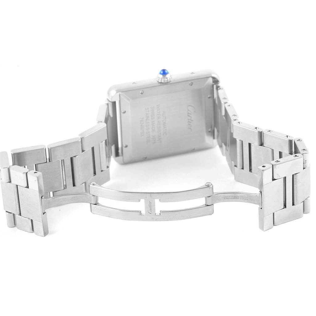 The image shows the back view of a Cartier Tank Solo W5200028 Men
s Stainless Steel Silver Dial W5200028 Men
s Stainless Steel Silver Dial watch, including the case back and metal bracelet with a deployment clasp.