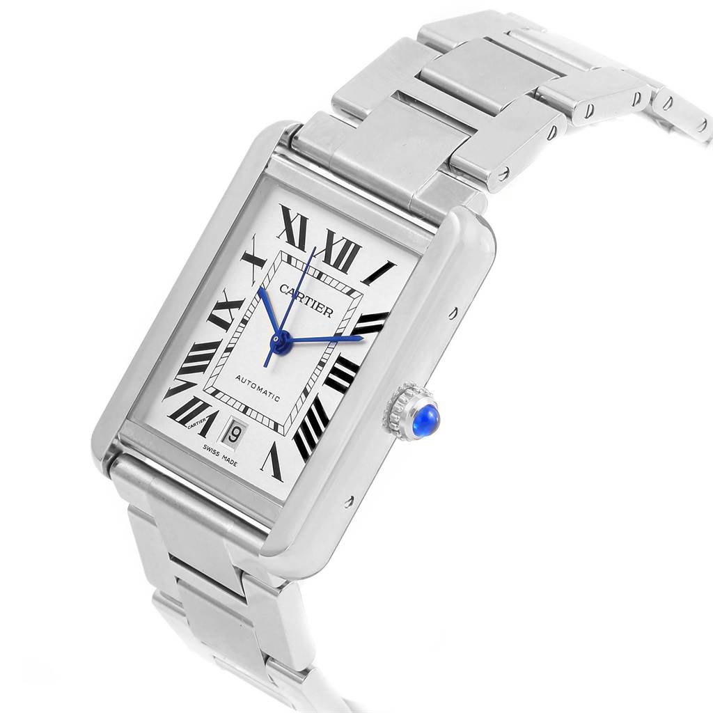 This image shows the Cartier Tank Solo W5200028 Men
s Stainless Steel Silver Dial W5200028 Men
s Stainless Steel Silver Dial watch from a three-quarter angle, highlighting the face, bracelet, crown, and dial details.