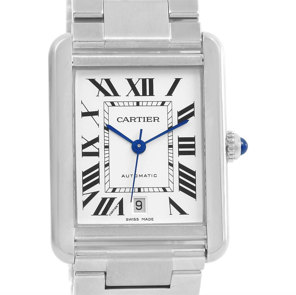 The image shows a frontal view of the Cartier Tank Solo W5200028 Men
s Stainless Steel Silver Dial W5200028 Men
s Stainless Steel Silver Dial watch, highlighting its face, Roman numerals, and bracelet.