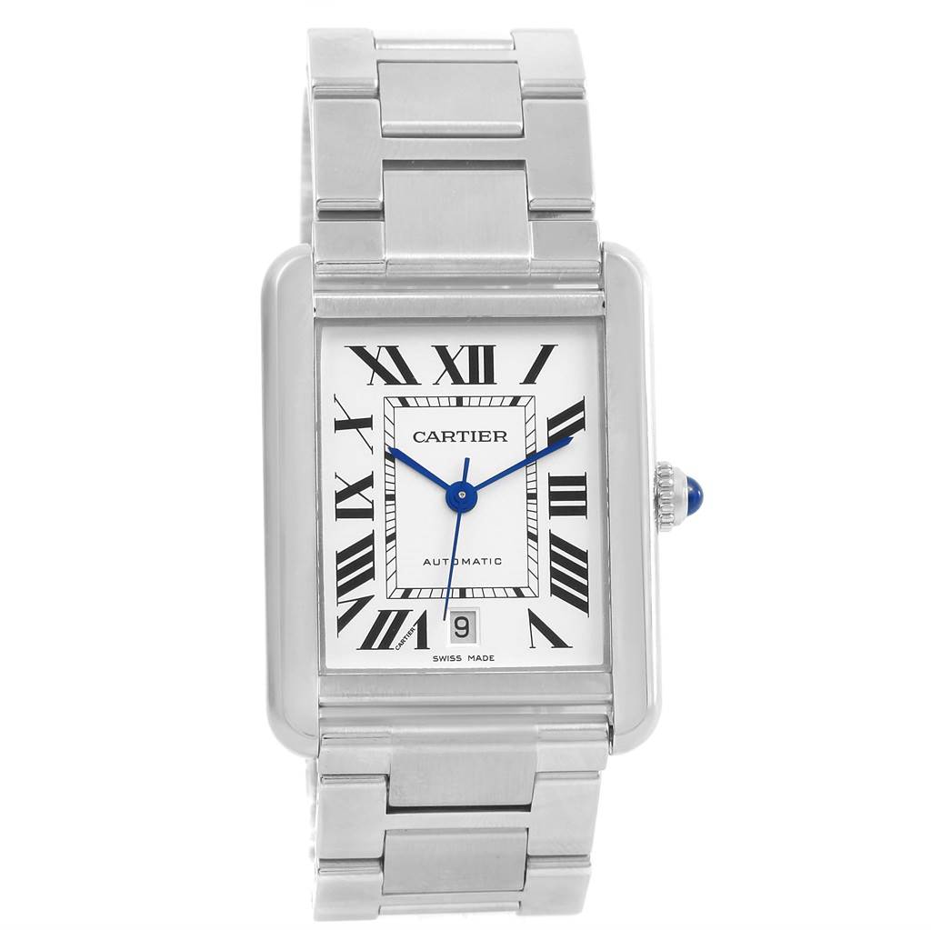 This image shows the face and full bracelet of a Cartier Tank Solo W5200028 Men
s Stainless Steel Silver Dial W5200028 Men
s Stainless Steel Silver Dial watch, viewed from the front.