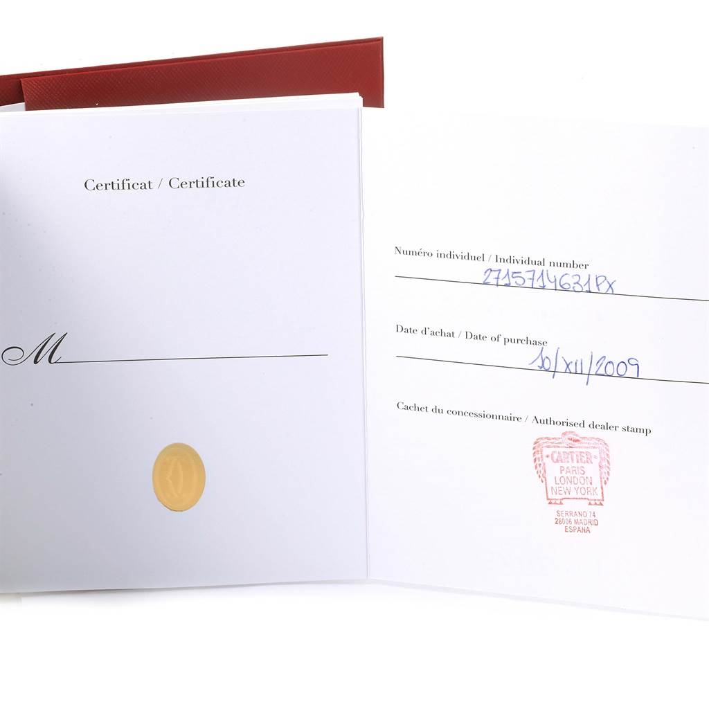 The image shows the certificate and warranty card for a Cartier Tank Solo W1018355 Stainless Steel Silver Dial W1018355 Stainless Steel Silver Dial watch.