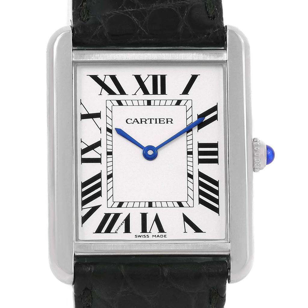This Cartier Tank Solo W1018355 Stainless Steel Silver Dial W1018355 Stainless Steel Silver Dial watch is shown from the front, highlighting its face, Roman numerals, and black leather strap.
