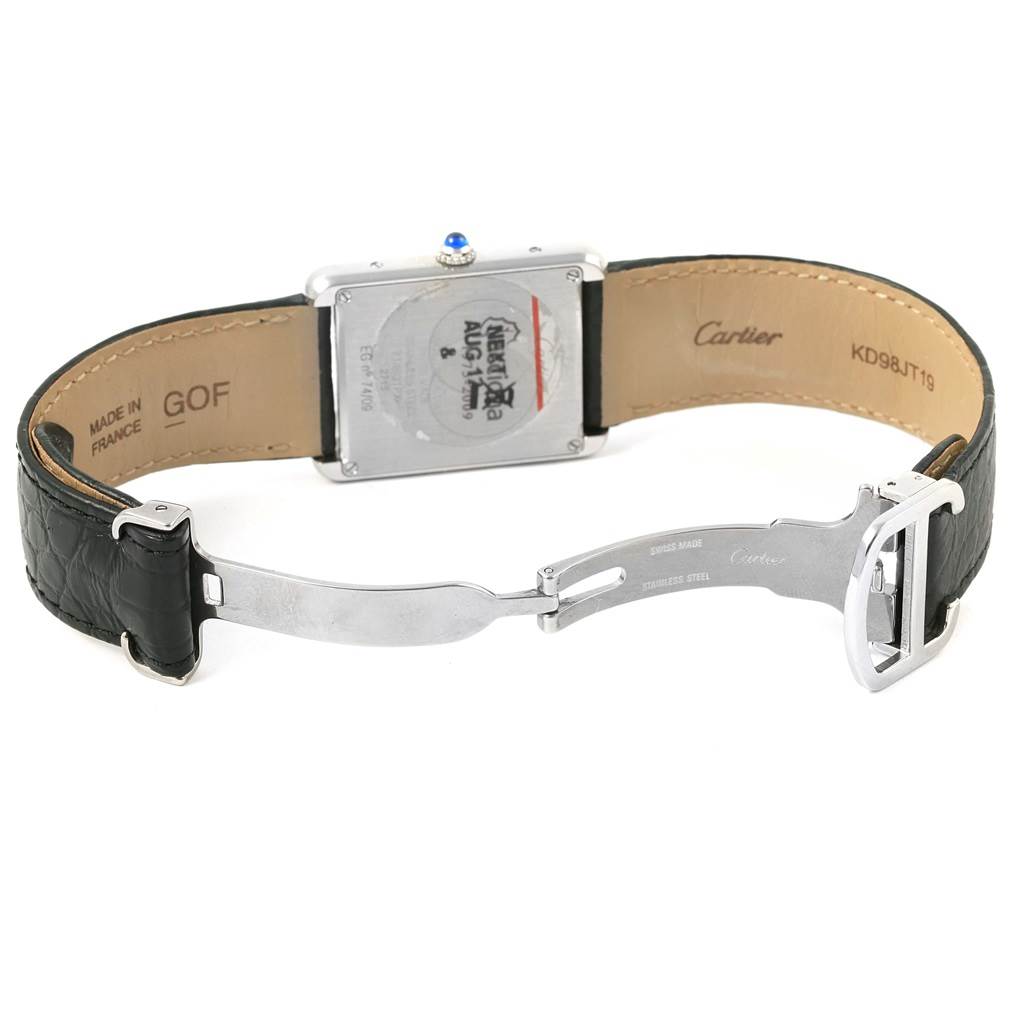 The image shows the back view of a Cartier Tank Solo W1018355 Stainless Steel Silver Dial W1018355 Stainless Steel Silver Dial watch with its leather strap and clasp fully extended.