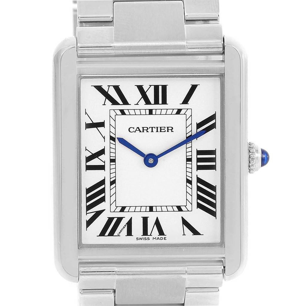 This image shows a front view of the dial and part of the bracelet of the Cartier Tank Solo W5200014 Stainless Steel Silver Dial W5200014 Stainless Steel Silver Dial watch.