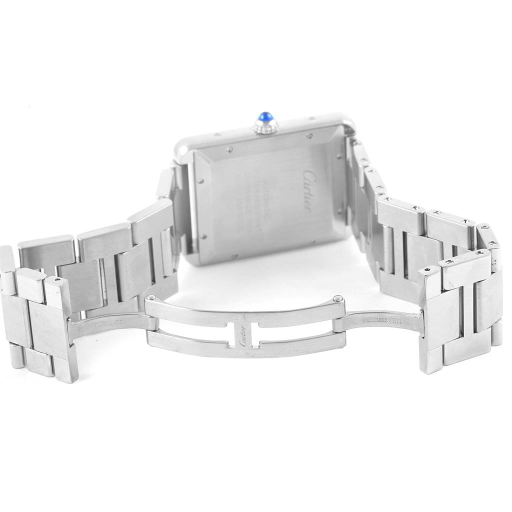 This image shows the back view of a Cartier Tank Solo W5200028 Men
s Stainless Steel Silver Dial W5200028 Men
s Stainless Steel Silver Dial watch, highlighting the case back and metal bracelet.