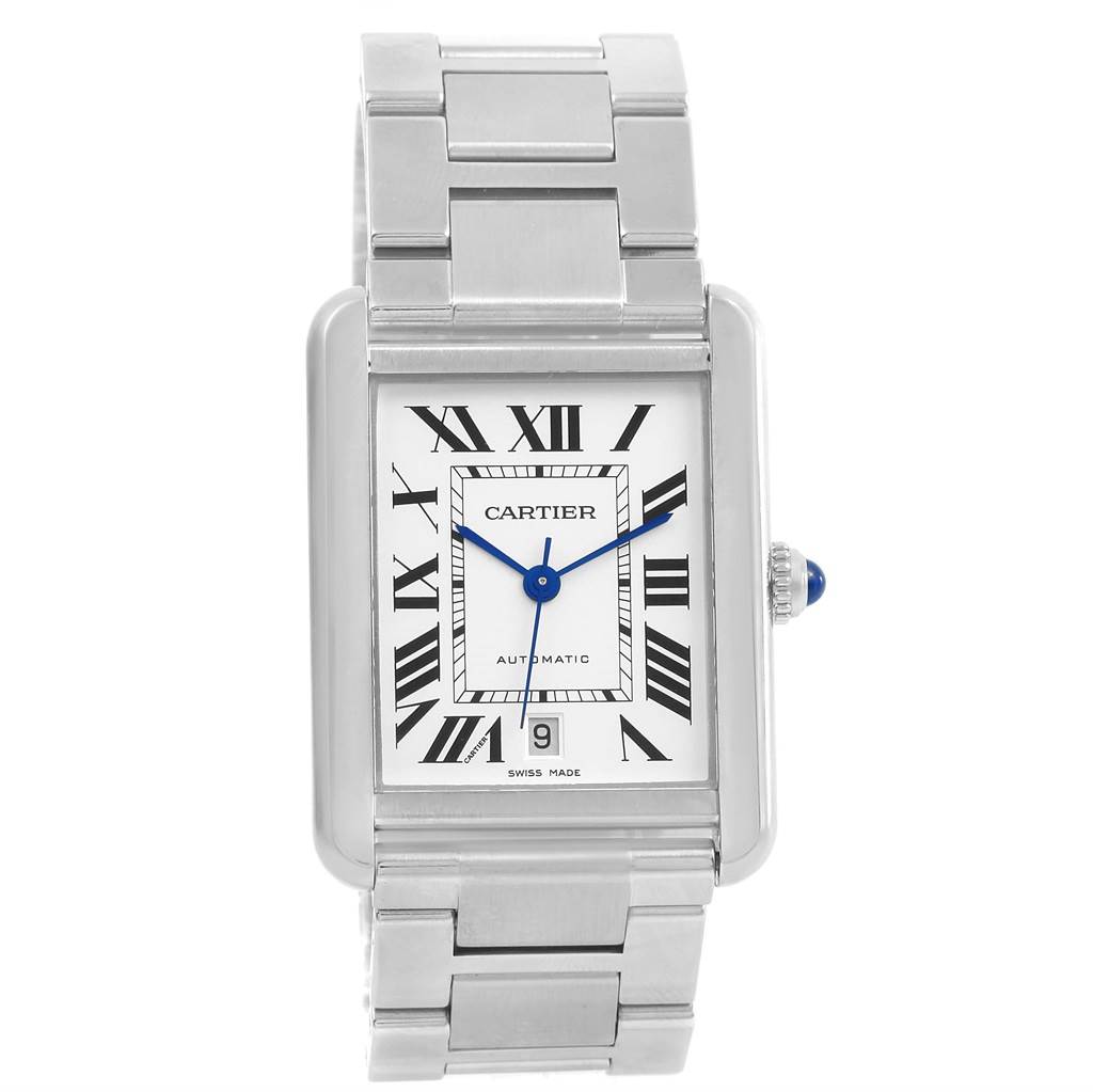 The image shows a front view of the Cartier Tank Solo W5200028 Men
s Stainless Steel Silver Dial W5200028 Men
s Stainless Steel Silver Dial watch, highlighting its face, roman numerals, hands, and stainless steel bracelet.