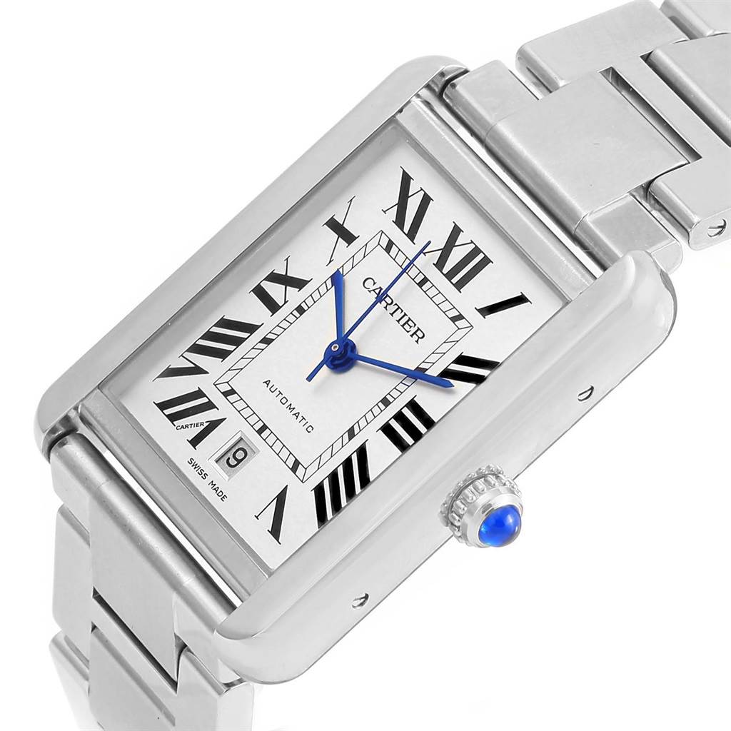The image shows a close-up, angled view of a Cartier Tank Solo W5200028 Men
s Stainless Steel Silver Dial W5200028 Men
s Stainless Steel Silver Dial watch, highlighting its dial, crown, and metal bracelet.