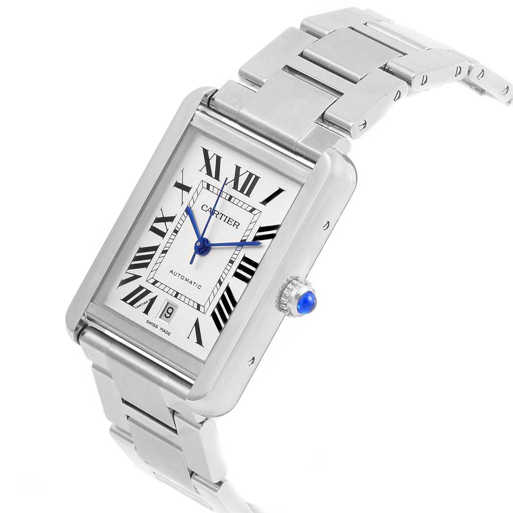 The image shows a Cartier Tank Solo W5200028 Men
s Stainless Steel Silver Dial W5200028 Men
s Stainless Steel Silver Dial watch at a slight angle, highlighting the face, roman numerals, blue hands, and part of the metal bracelet.