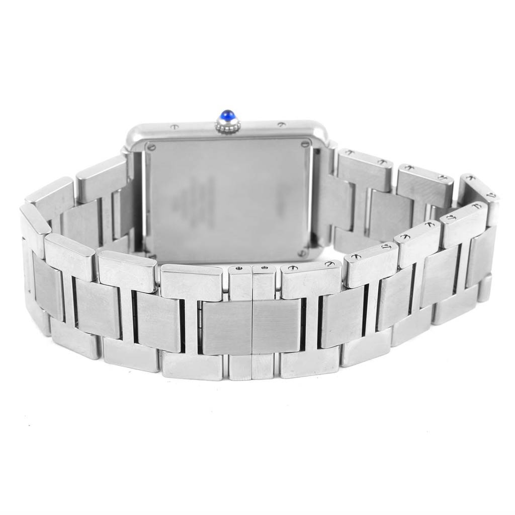 This image shows the back view and bracelet of a Cartier Tank Solo W5200014 Stainless Steel Silver Dial W5200014 Stainless Steel Silver Dial watch.