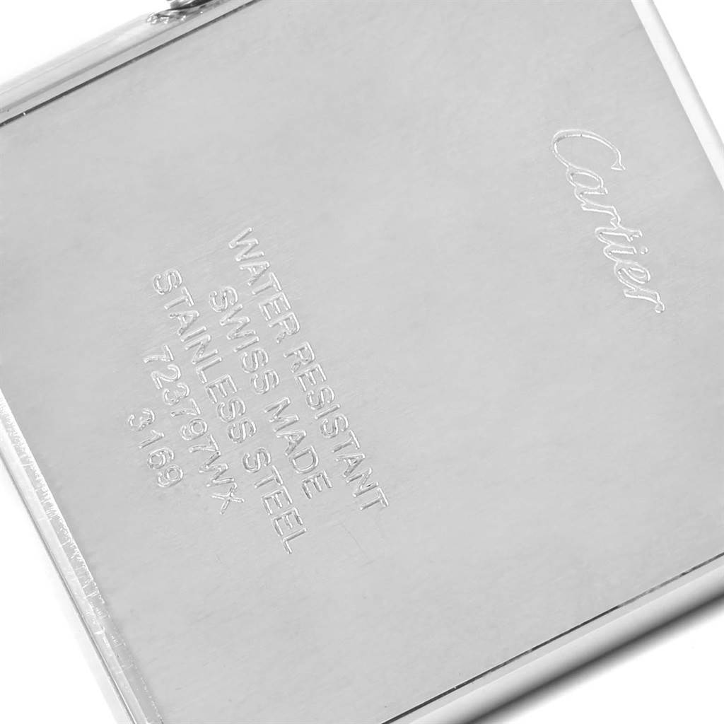 The image shows the back case of the Cartier Tank Solo W5200014 Stainless Steel Silver Dial W5200014 Stainless Steel Silver Dial watch with engraved specifications.