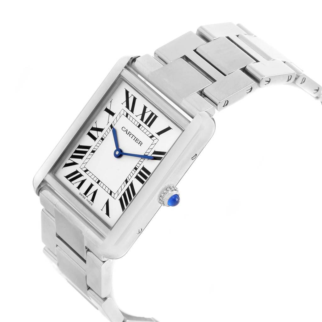 The Cartier Tank Solo W5200014 Stainless Steel Silver Dial W5200014 Stainless Steel Silver Dial watch is shown at a slight angle, highlighting its rectangular face, Roman numerals, and metal bracelet.