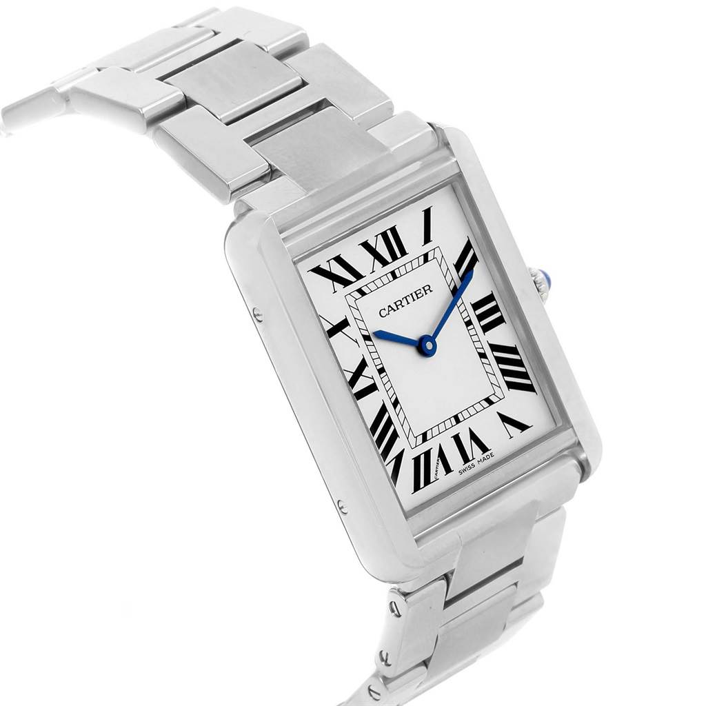 This image shows the face and part of the metal bracelet of a Tank Solo watch by Cartier, angled slightly from the front.