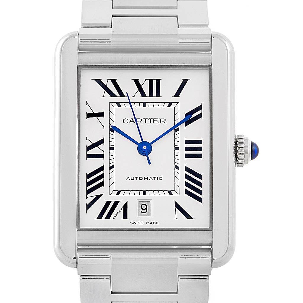 The image shows a front view of a Cartier Tank Solo W5200028 Men
s Stainless Steel Silver Dial W5200028 Men
s Stainless Steel Silver Dial watch, highlighting its face, stainless steel bracelet, and crown.