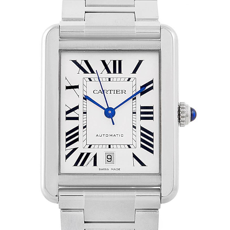 The image shows a front view of a Cartier Tank Solo watch, highlighting its face, stainless steel bracelet, and crown.