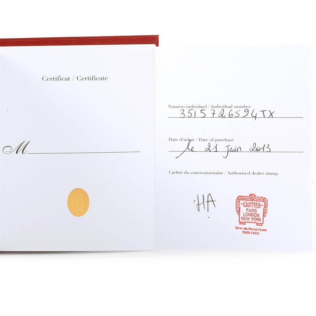 The image shows the certificate with individual number and date of purchase for a Cartier Tank Solo W5200028 Men
s Stainless Steel Silver Dial W5200028 Men
s Stainless Steel Silver Dial watch.