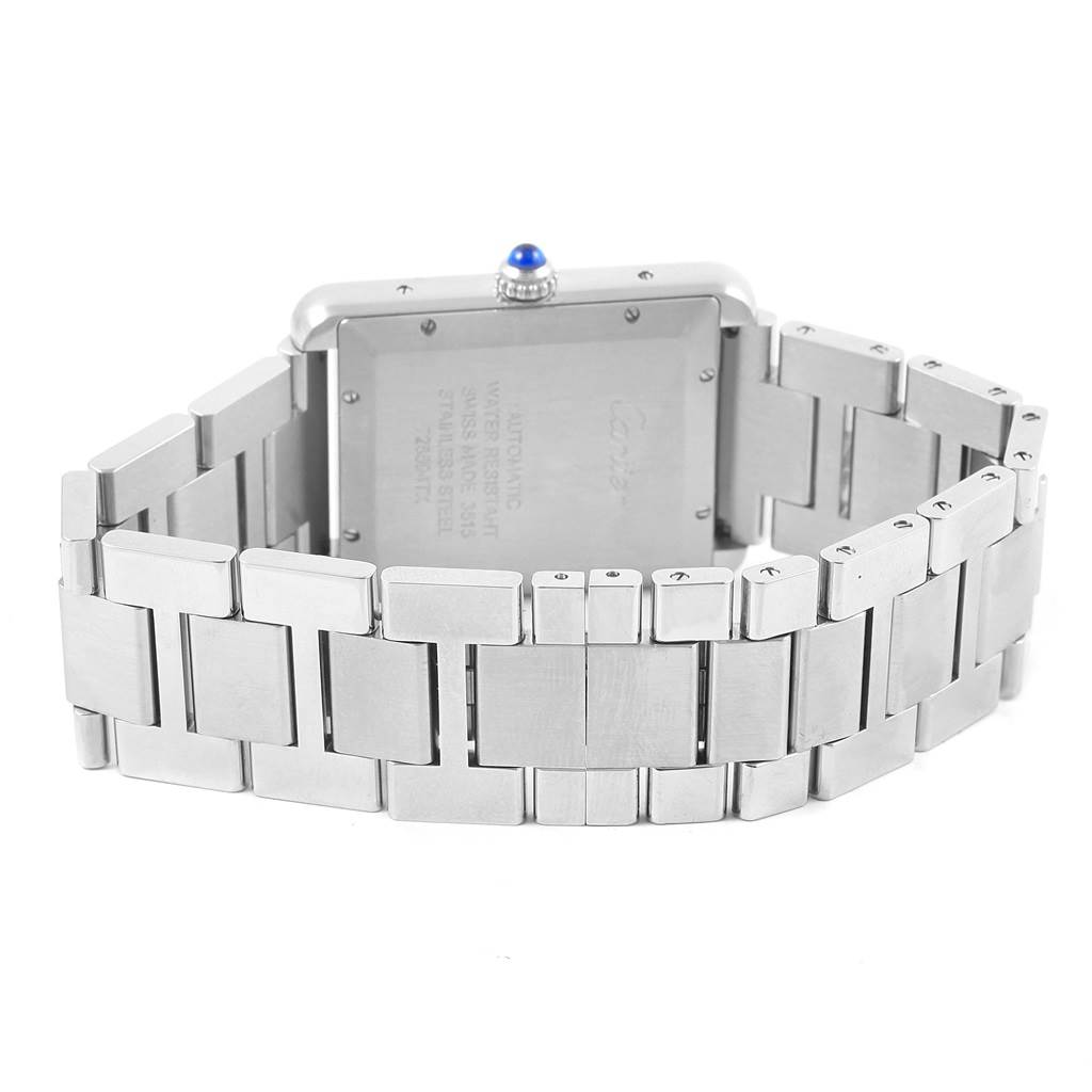 The image shows the back case and metal bracelet of the Cartier Tank Solo W5200028 Men
s Stainless Steel Silver Dial W5200028 Men
s Stainless Steel Silver Dial watch.