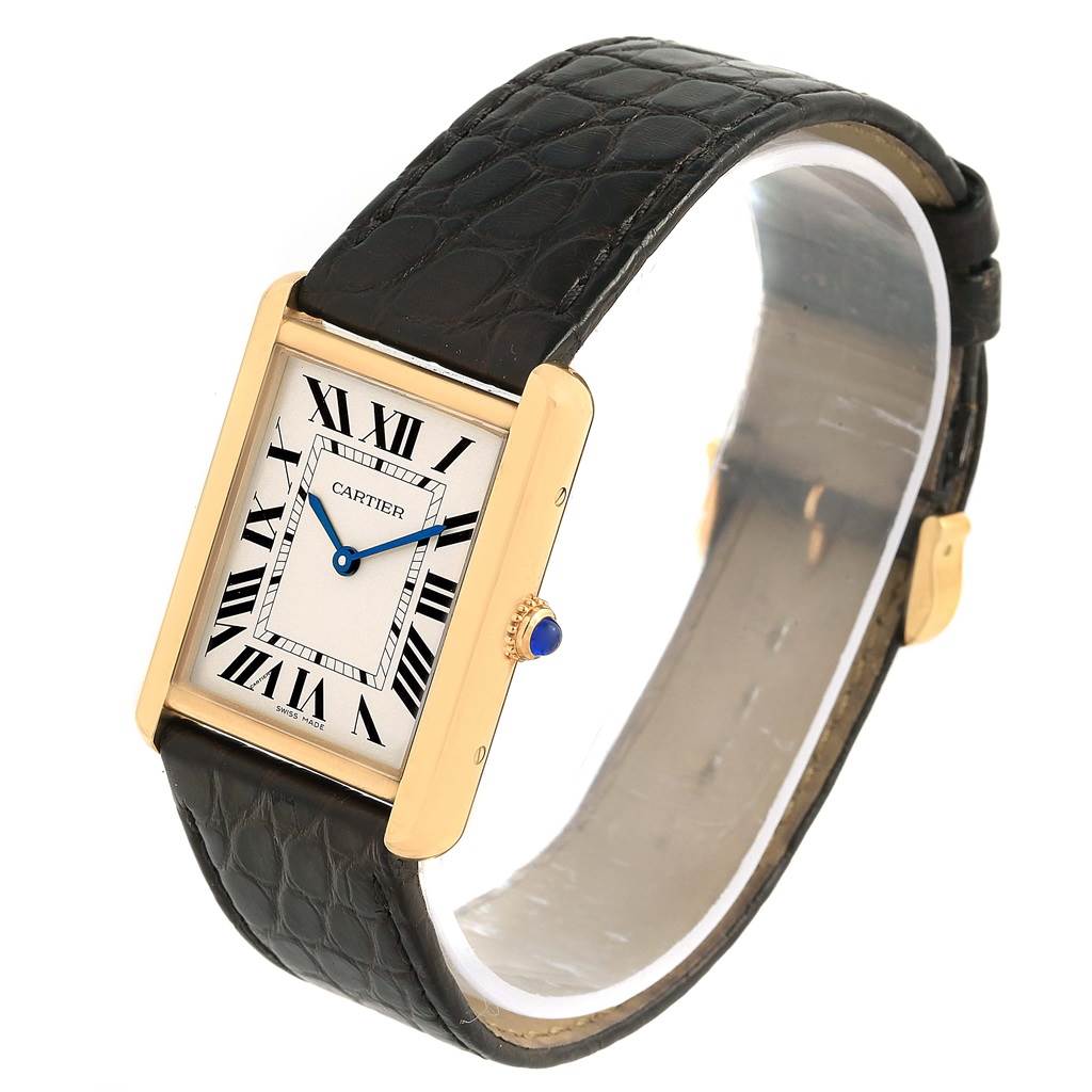 The image shows a Cartier Tank Solo W1018855 Steel and Gold (two tone) Silver Dial W1018855 Steel and Gold (two tone) Silver Dial watch at a slight angle, highlighting the black leather strap, rectangular face, and Roman numeral dial.