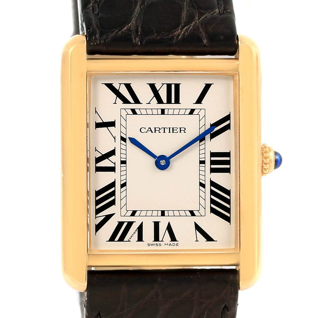 This image shows a front view of a Cartier Tank Solo W1018855 Steel and Gold (two tone) Silver Dial W1018855 Steel and Gold (two tone) Silver Dial watch, highlighting the rectangular dial, gold case, blue hands, and leather strap.