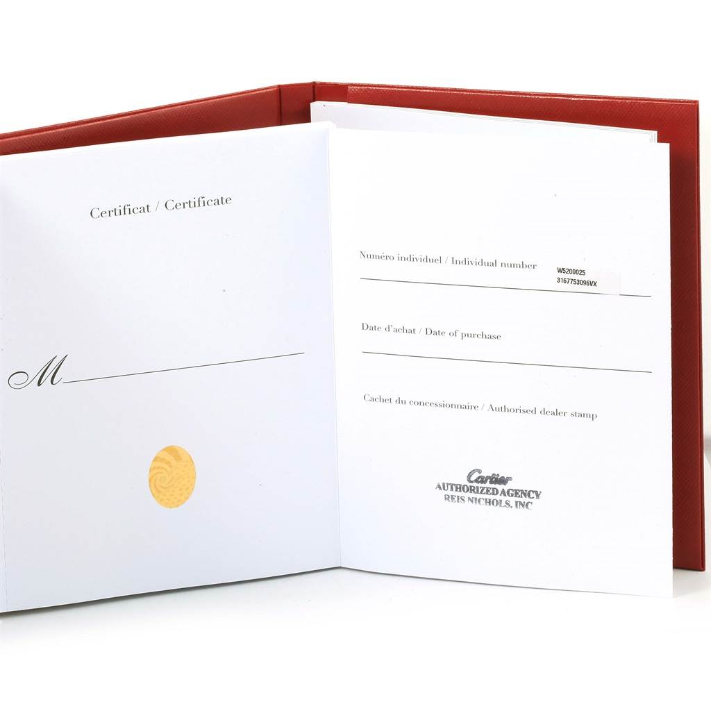 The image shows an open certificate booklet for the Cartier Tank Solo W5200025 Steel and Gold (two tone) Silver Dial W5200025 Steel and Gold (two tone) Silver Dial watch, displaying the certificate of Best Quality
ity and individual number.