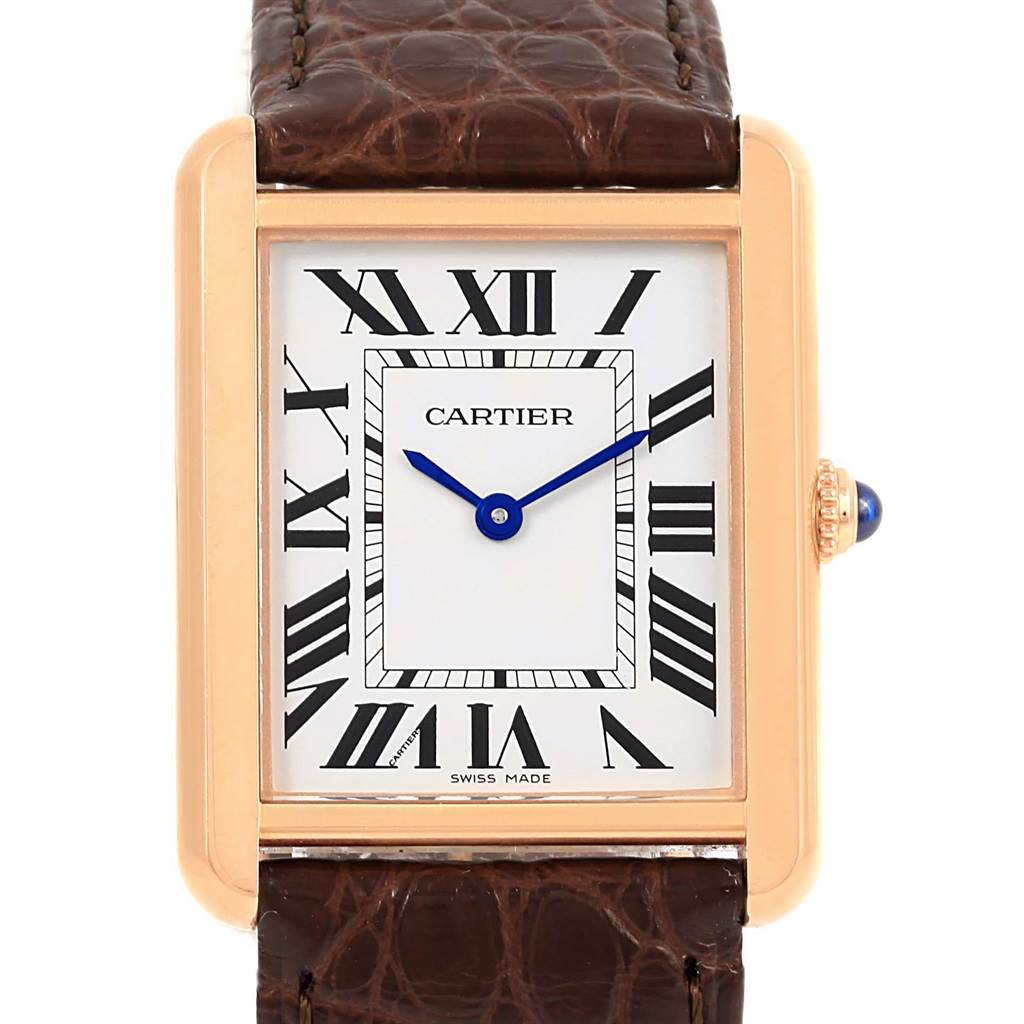 This image shows a frontal view of the Cartier Tank Solo W5200025 Steel and Gold (two tone) Silver Dial W5200025 Steel and Gold (two tone) Silver Dial watch, highlighting its dial and brown leather strap.