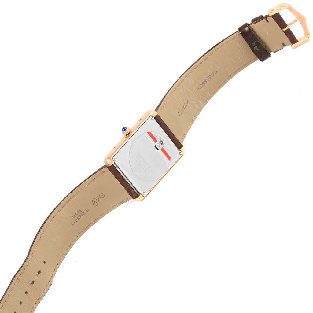 The image shows the back view of a Cartier Tank Solo W5200025 Steel and Gold (two tone) Silver Dial W5200025 Steel and Gold (two tone) Silver Dial watch, highlighting its strap, case back, and buckle.