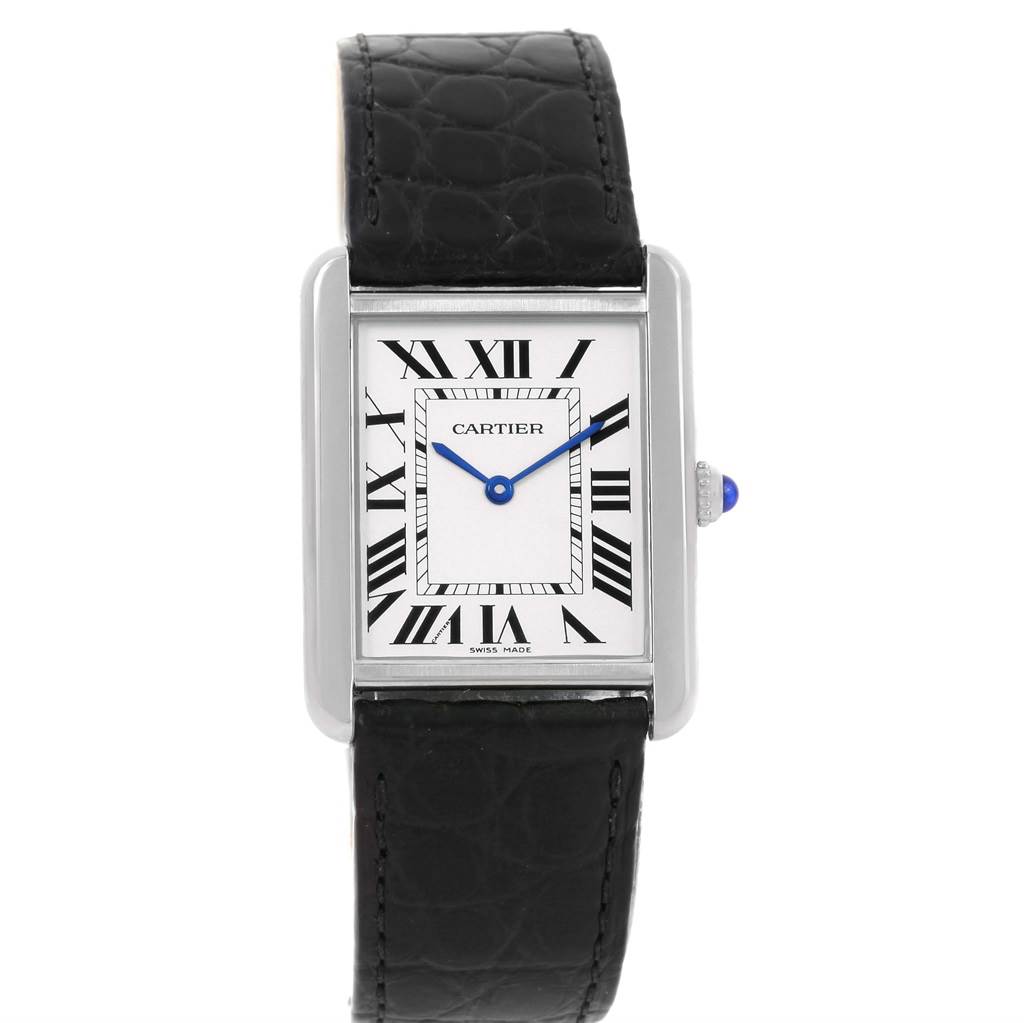 The image shows a front view of the Cartier Tank Solo W1018355 Stainless Steel Silver Dial W1018355 Stainless Steel Silver Dial watch, featuring its rectangular face, Roman numerals, and black leather strap.