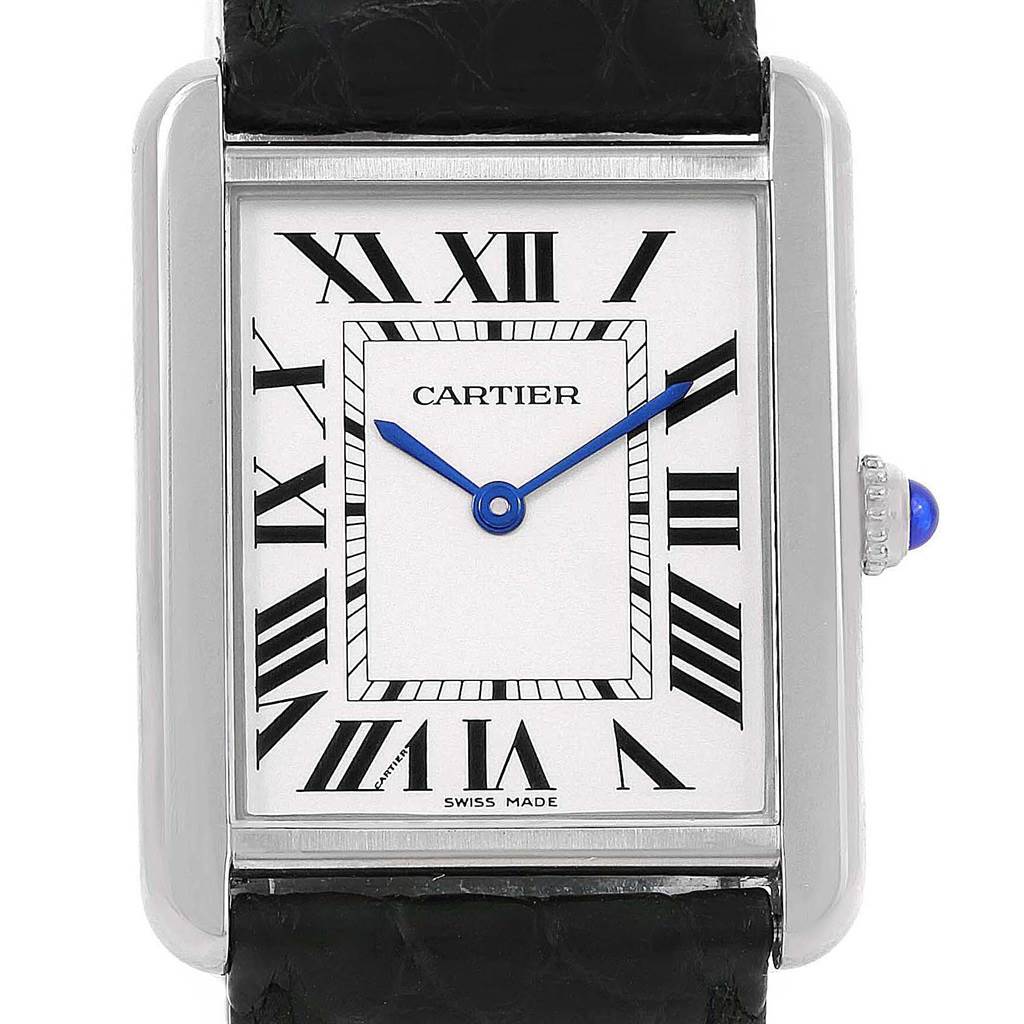 This image shows a front view of the Cartier Tank Solo W1018355 Stainless Steel Silver Dial W1018355 Stainless Steel Silver Dial watch, highlighting its face, Roman numerals, and blue hands.