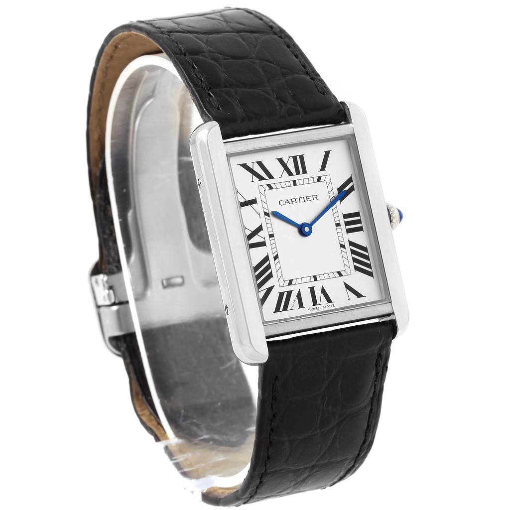 The Cartier Tank Solo W1018355 Stainless Steel Silver Dial W1018355 Stainless Steel Silver Dial watch is shown at a three-quarter angle, displaying the face, bezel, strap, and crown.