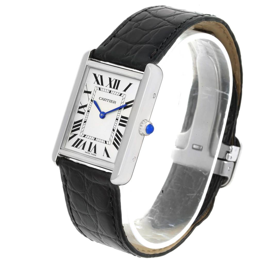 The image shows a Cartier Tank Solo W1018355 Stainless Steel Silver Dial W1018355 Stainless Steel Silver Dial watch at a slight angle displaying the watch face, crown, and leather strap.